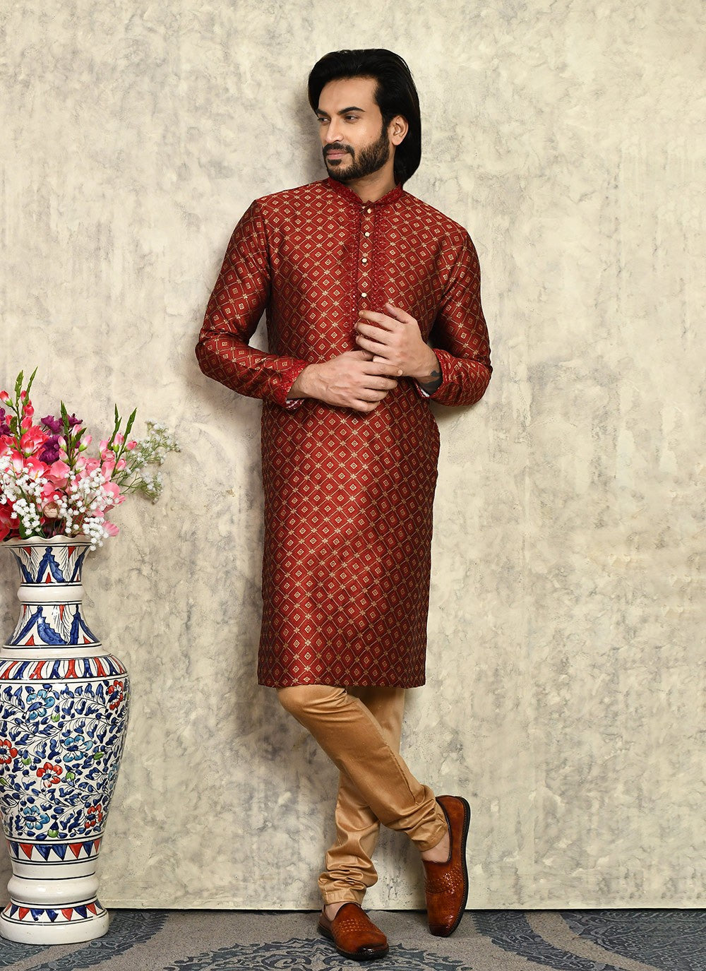 Machine Embroidery Art Silk Maroon Kurta Pyjama - M7953