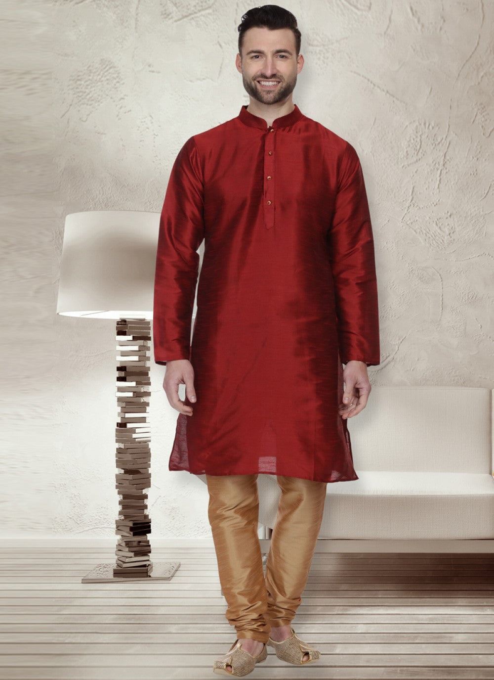 Plain Dupion Silk Maroon Kurta Pyjama - M1060