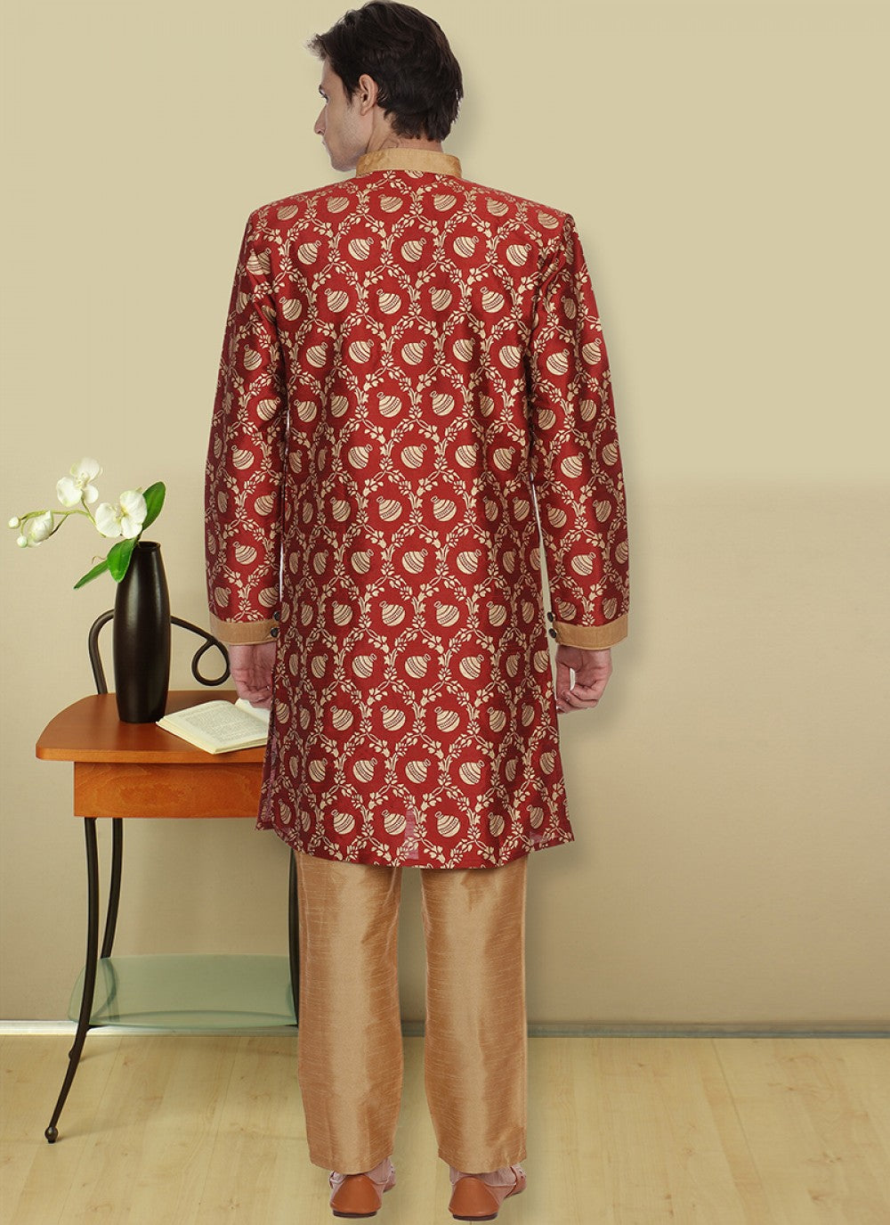 Printed Art Dupion Silk Maroon Kurta Pyjama - M1124