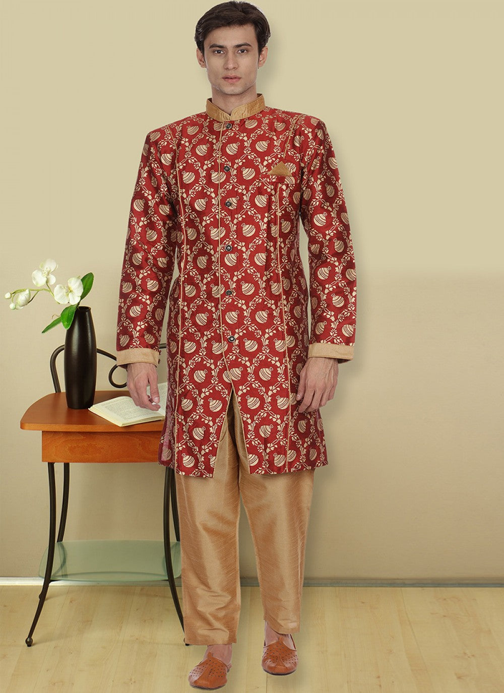 Printed Art Dupion Silk Maroon Kurta Pyjama - M1124