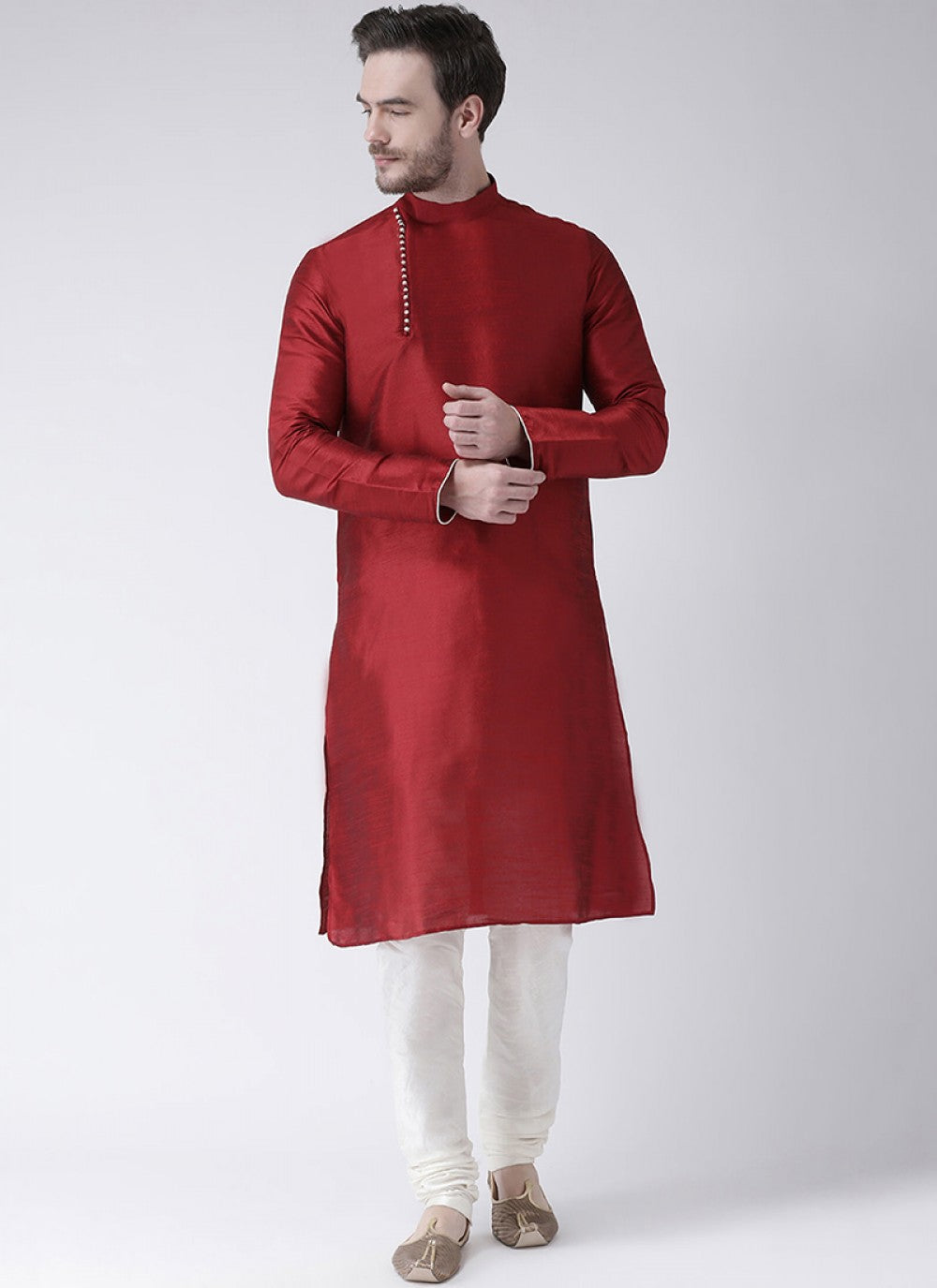 Plain Art Dupion Silk Maroon Kurta Pyjama - M1436