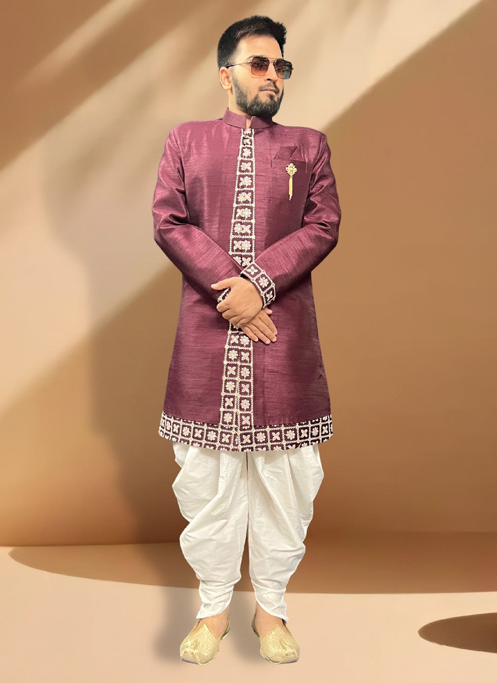 Embroidered Silk Maroon Indo Western Sherwani - M5350