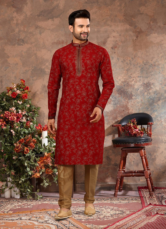 Digital Print Silk Maroon Kurta Pyjama - M3014