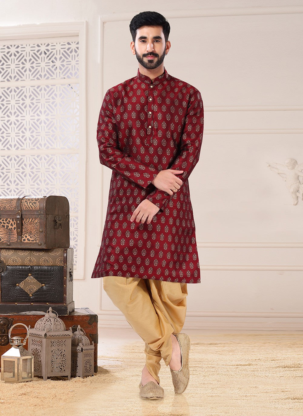 Thread Jacquard Maroon Dhoti Kurta - M4706