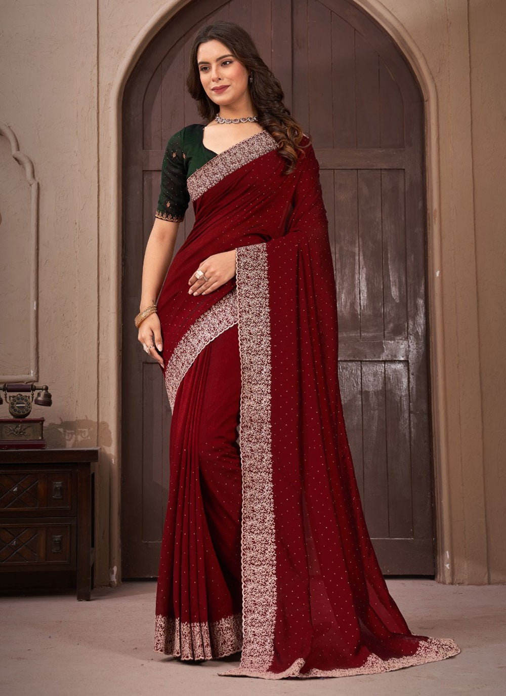 Classic Border Work Vichitra Silk Saree - S5681