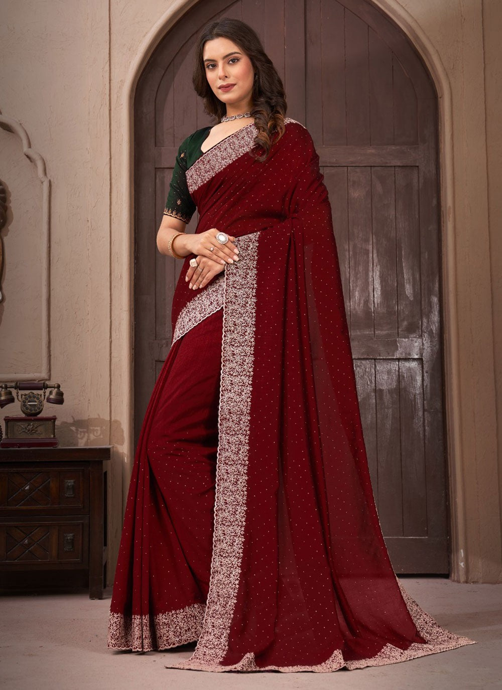 Classic Border Work Vichitra Silk Saree - S5681