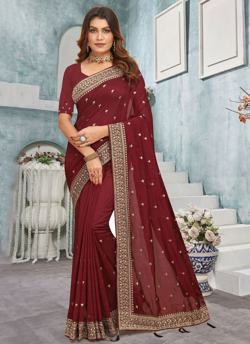 Classic Border Work Vichitra Silk Saree - S7668