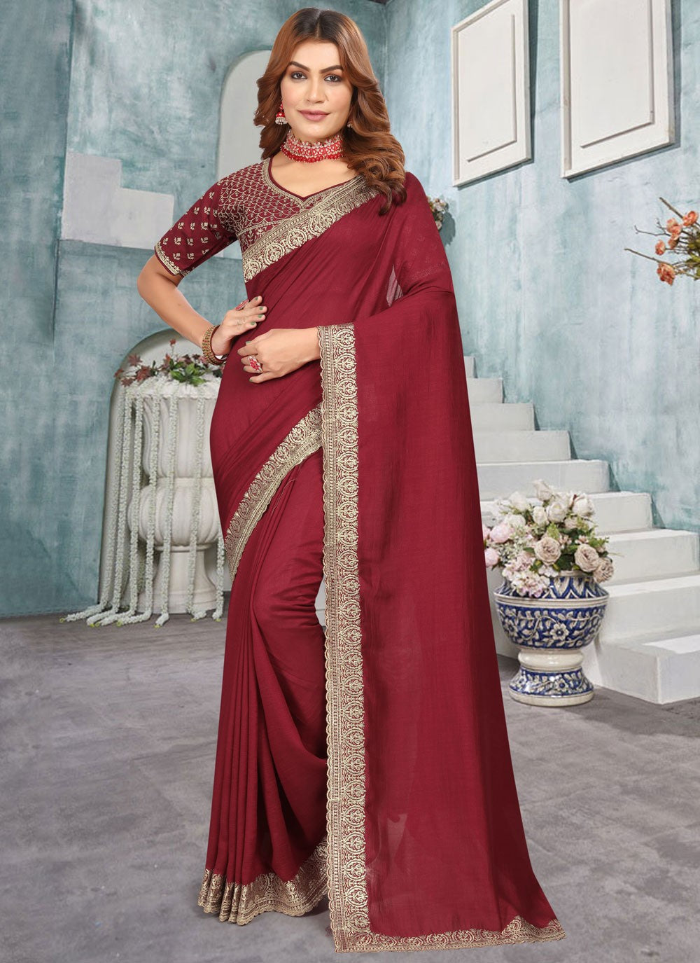 Classic Embroidered Vichitra Silk Saree - S10372