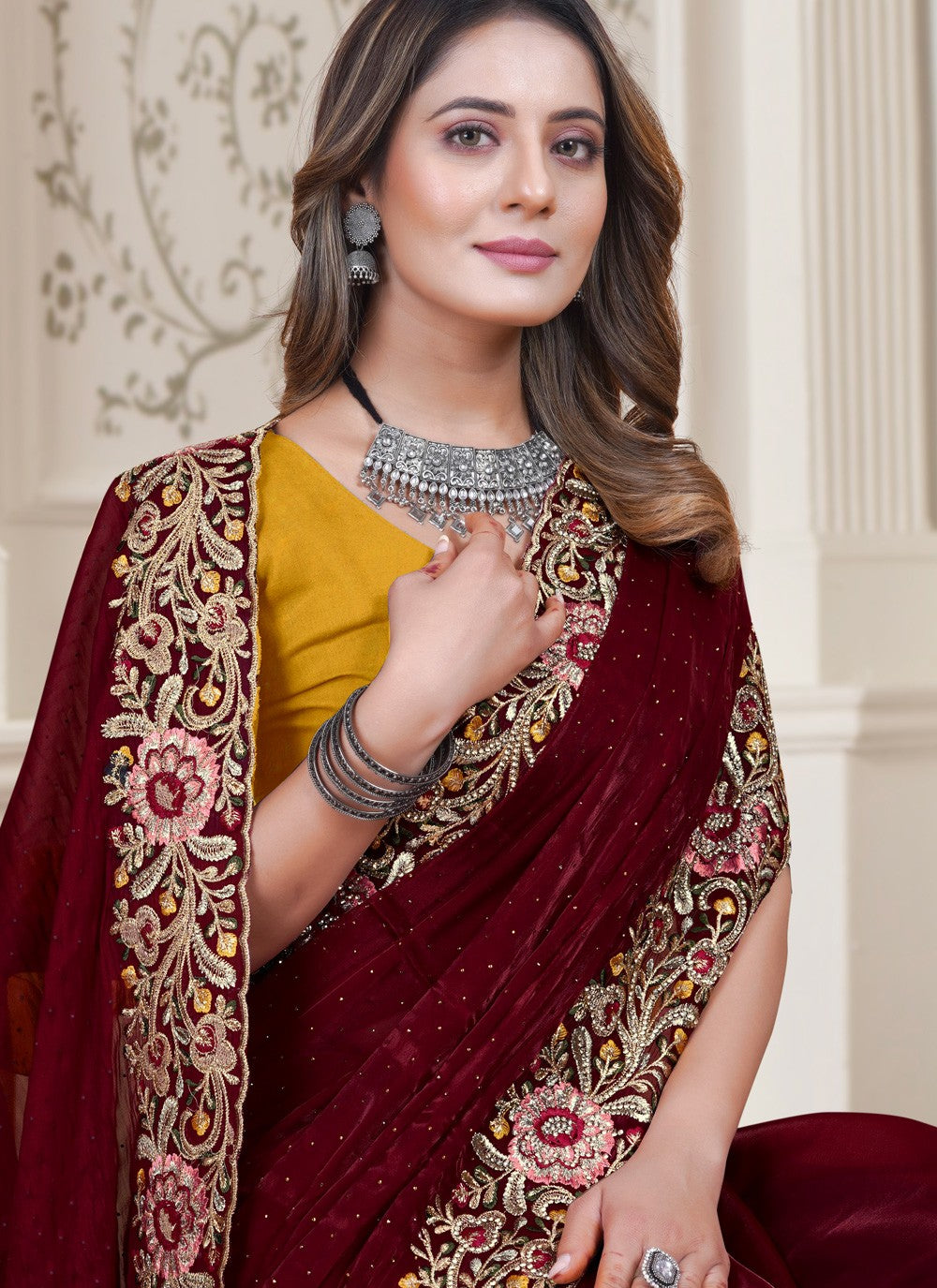 Contemporary Embroidered Satin Silk Saree - S3921