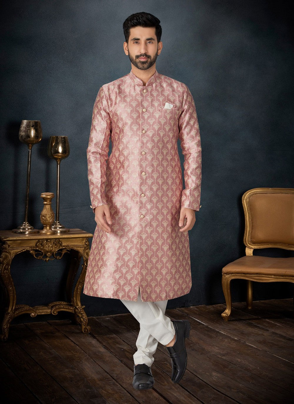 Embroidered Banarasi Jacquard Mauve Kurta Pyjama - M7119