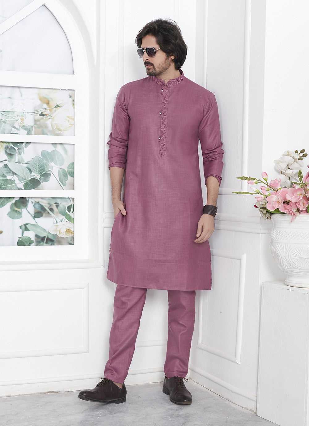 Fancy Work Cotton , Linen Mauve Kurta Pyjama - M7106