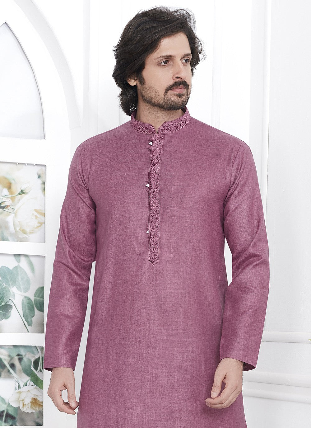 Fancy Work Cotton , Linen Mauve Kurta Pyjama - M7106