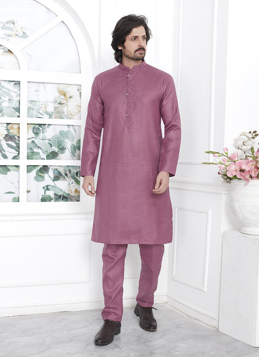 Fancy Work Cotton , Linen Mauve Kurta Pyjama - M7106