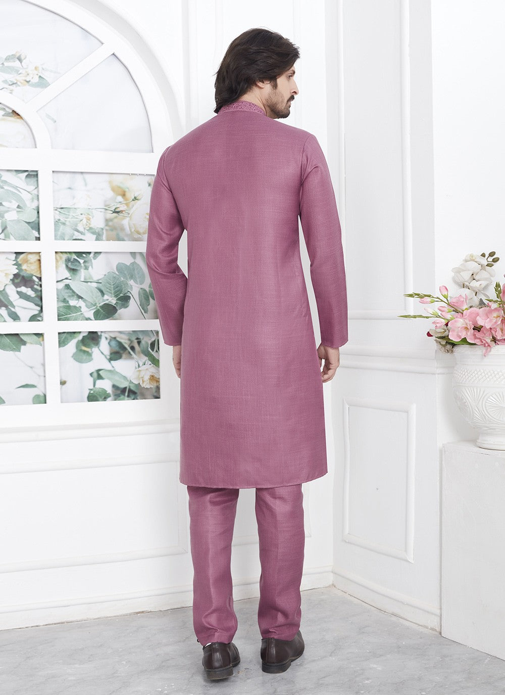 Fancy Work Cotton , Linen Mauve Kurta Pyjama - M7106