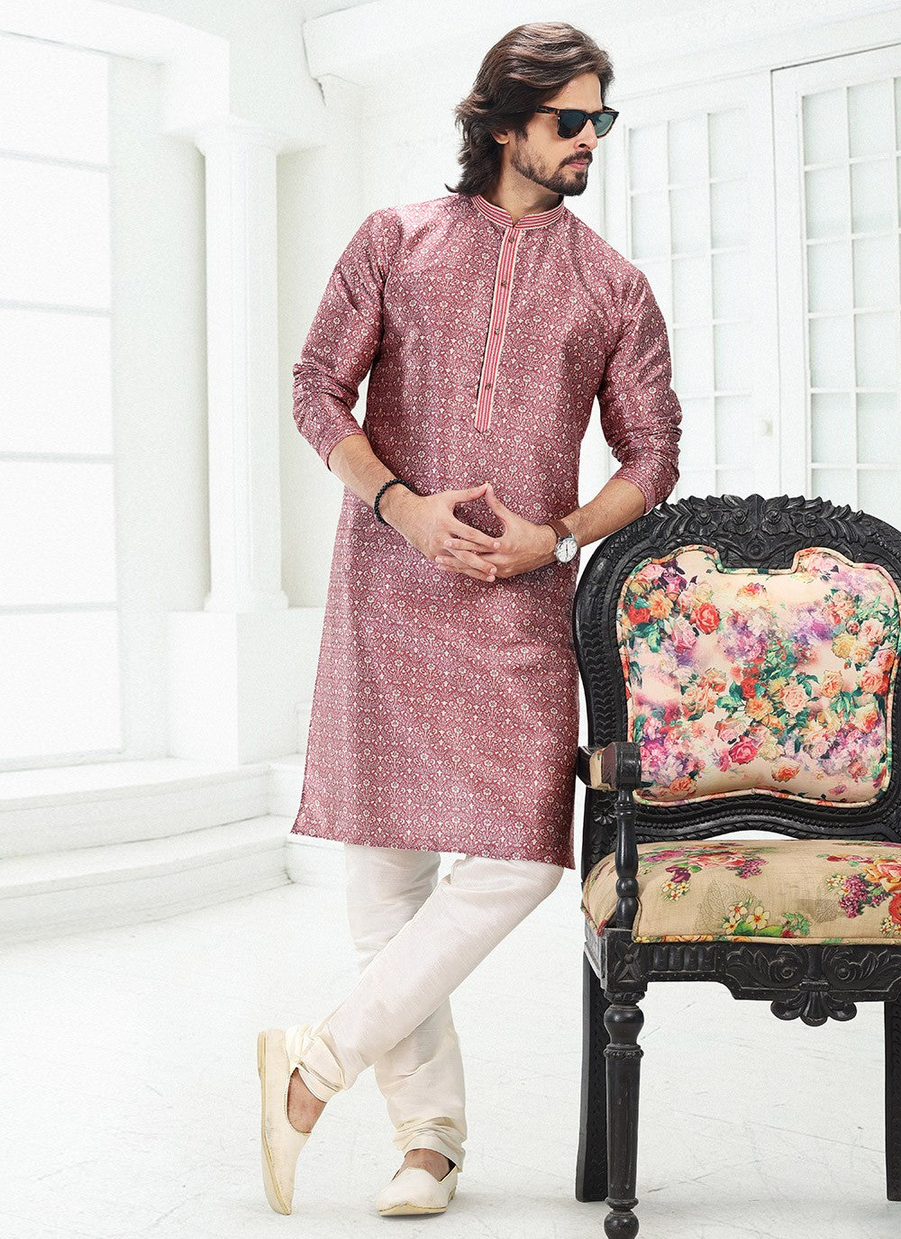 Digital Print Banarasi Silk Mauve Kurta Pyjama - M4914