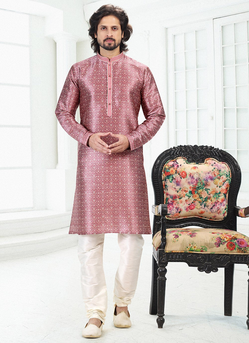 Digital Print Banarasi Silk Mauve Kurta Pyjama - M4914