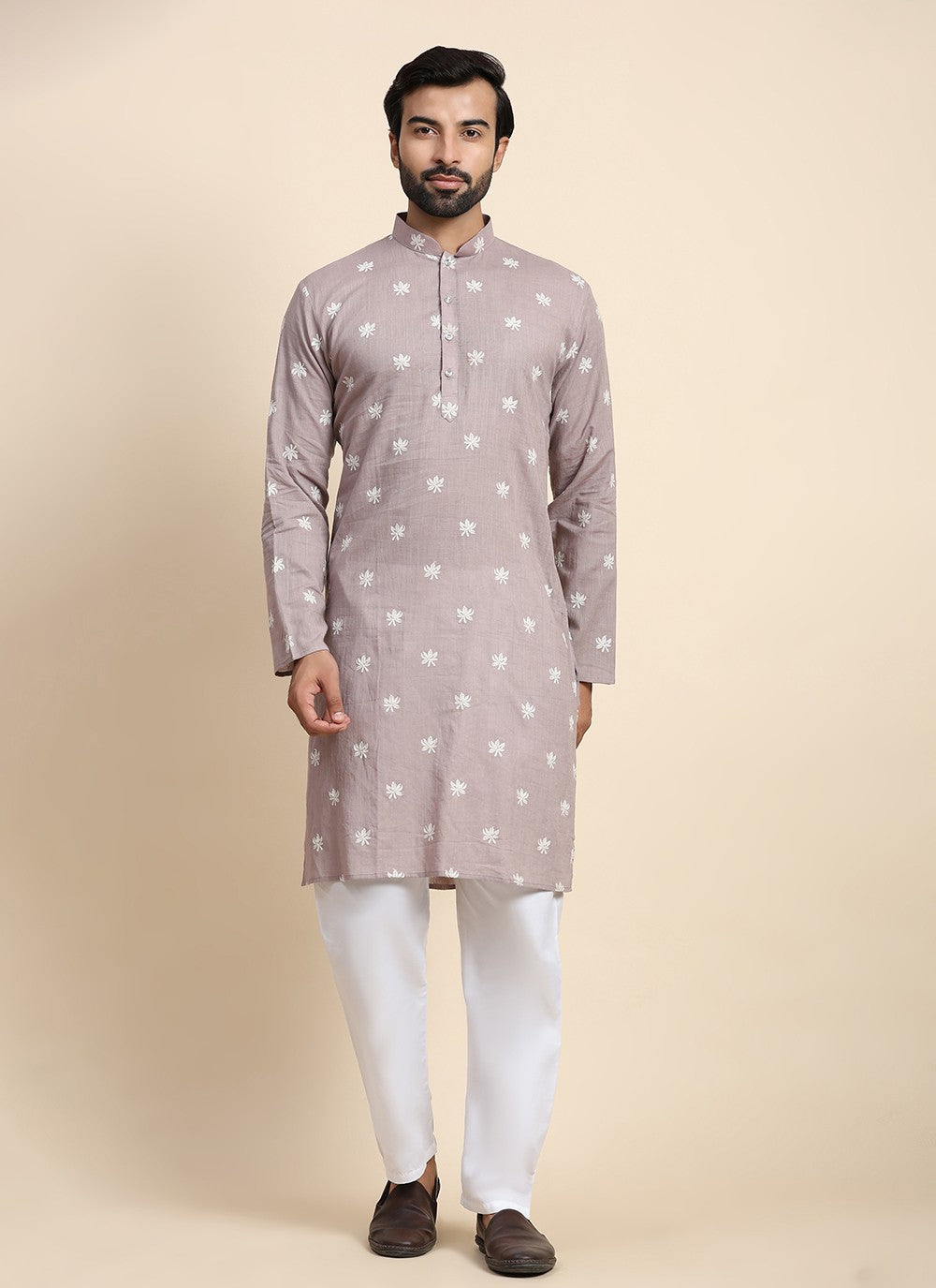 Embroidered Cotton Mauve Kurta Pyjama - M8443