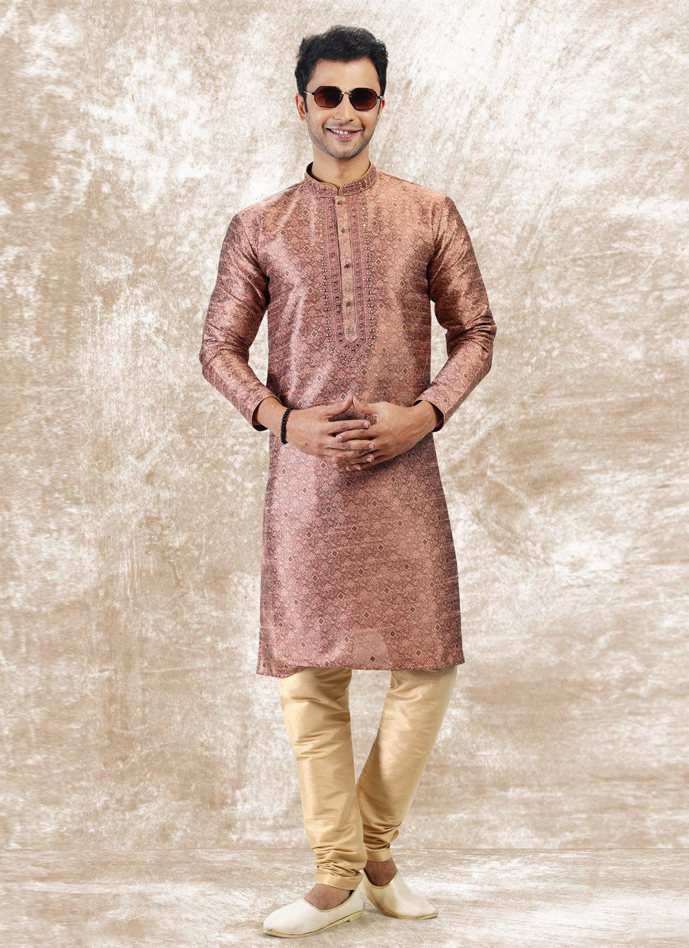 Fancy Work Brocade, Jacquard Silk Mauve Kurta Pyjama - M4846