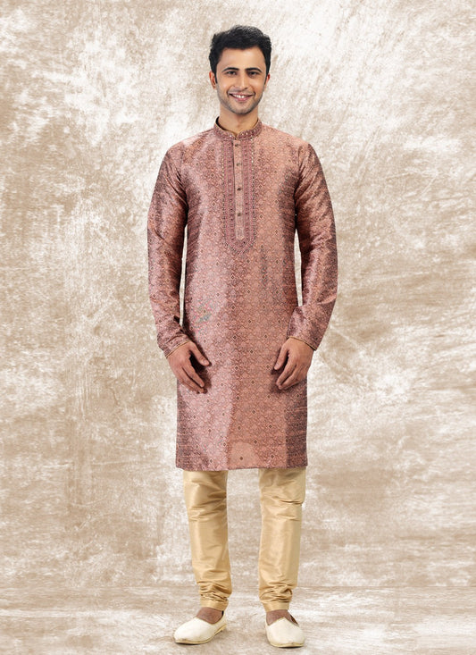 Fancy Work Brocade, Jacquard Silk Mauve Kurta Pyjama - M4846