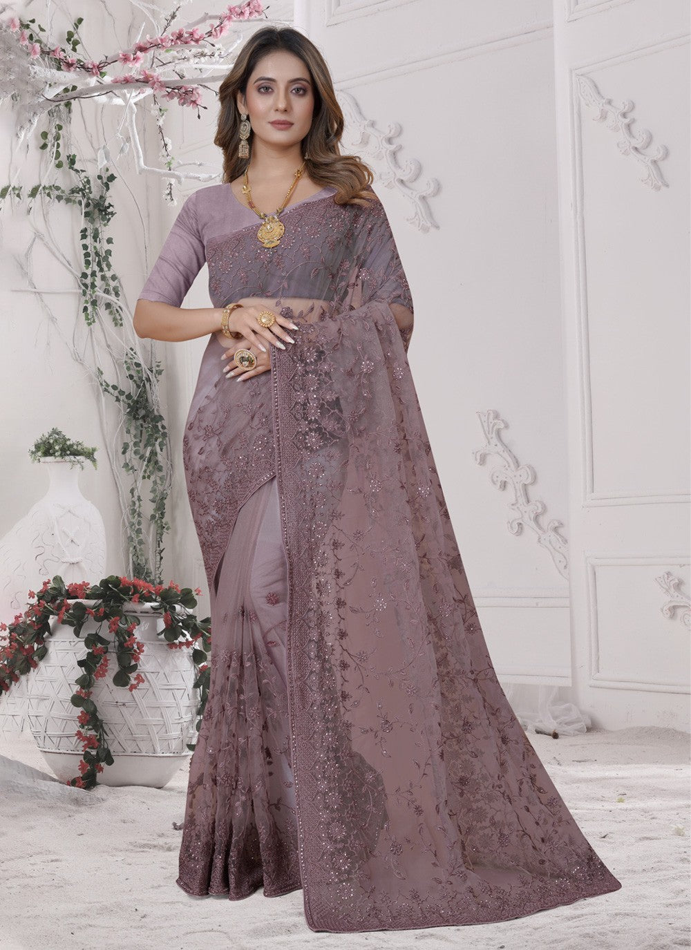 Trendy Embroidered Net Saree - S3529