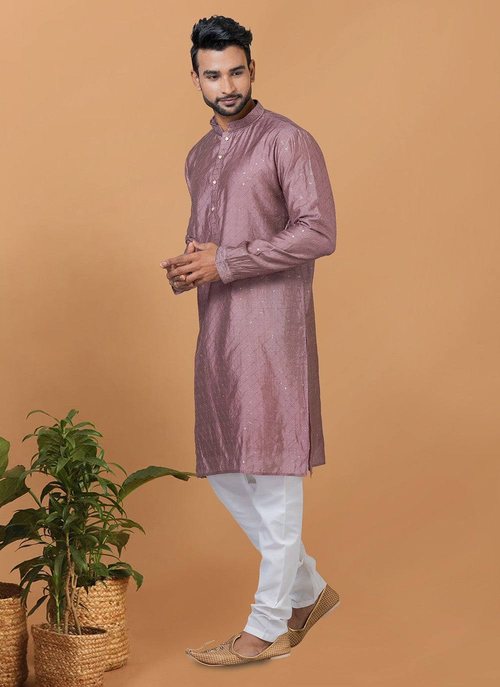 Embroidered Cotton , Viscose Mauve Kurta Pyjama - M6343