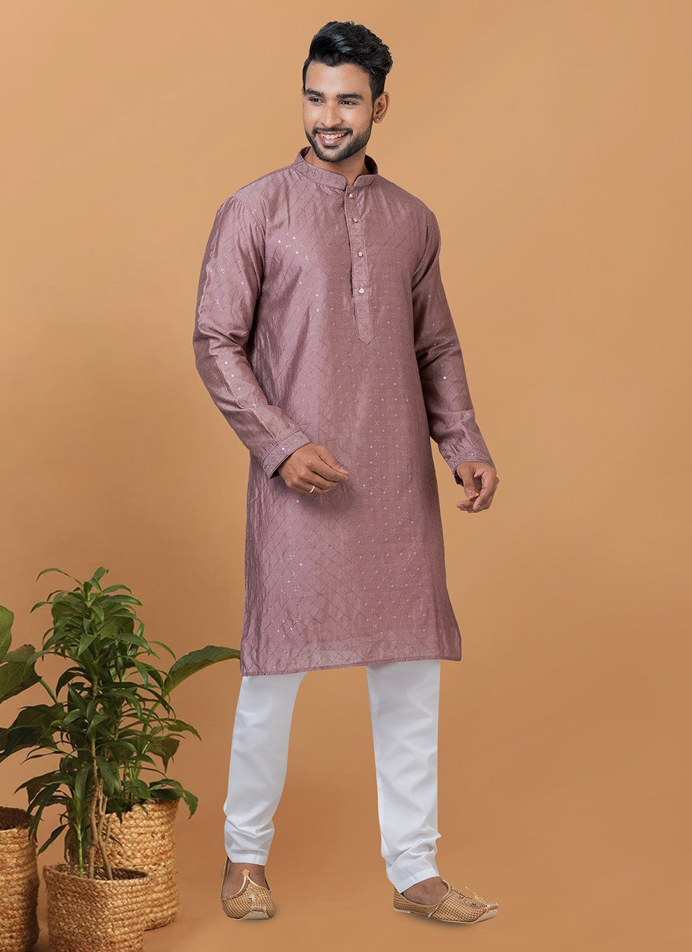 Embroidered Cotton , Viscose Mauve Kurta Pyjama - M6343