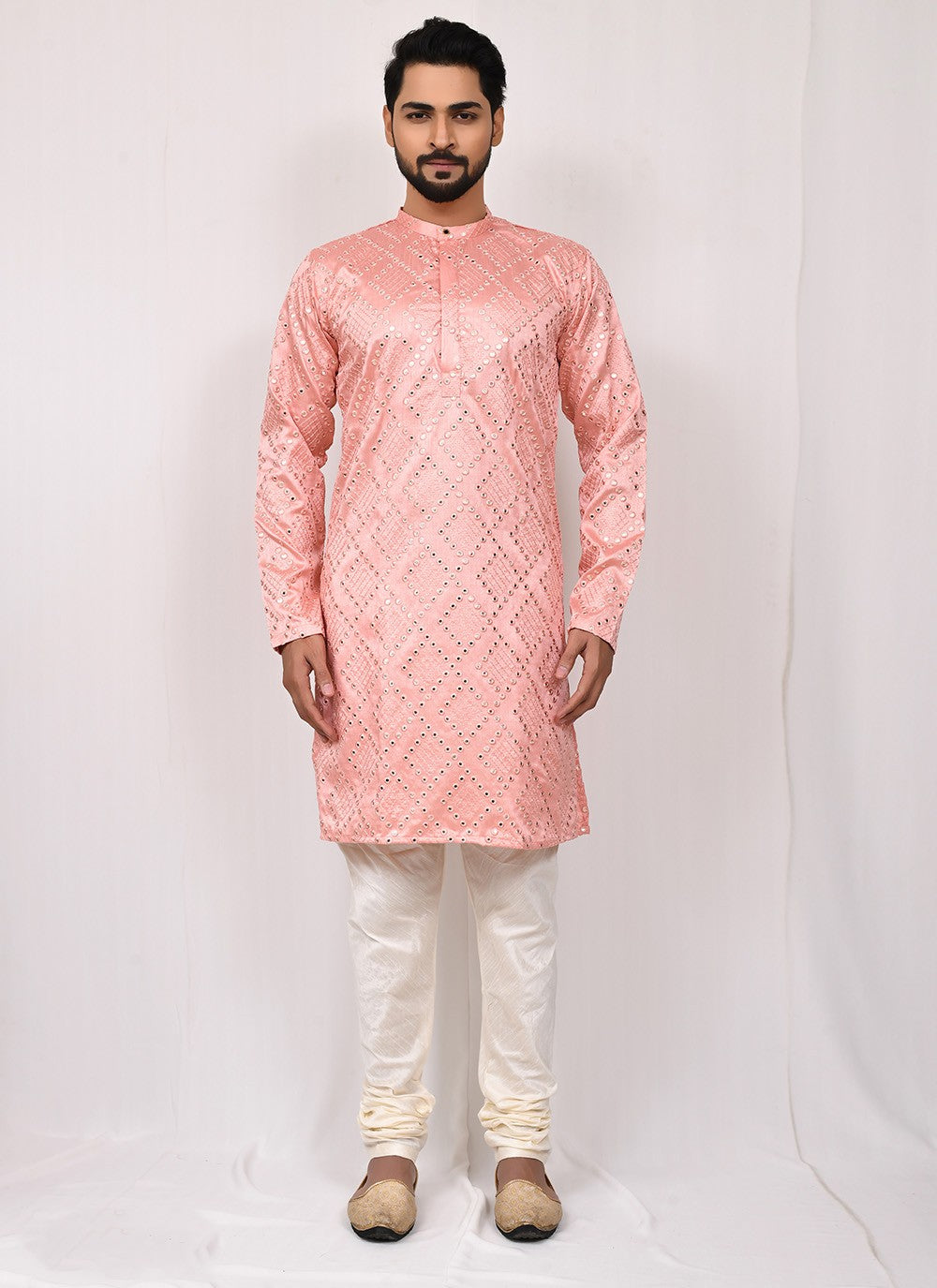 Embroidered Art Silk Pink Kurta Pyjama - M2507