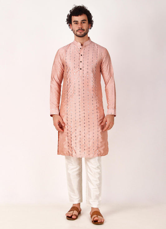 Embroidered Art Silk Pink Kurta Pyjama - M8166