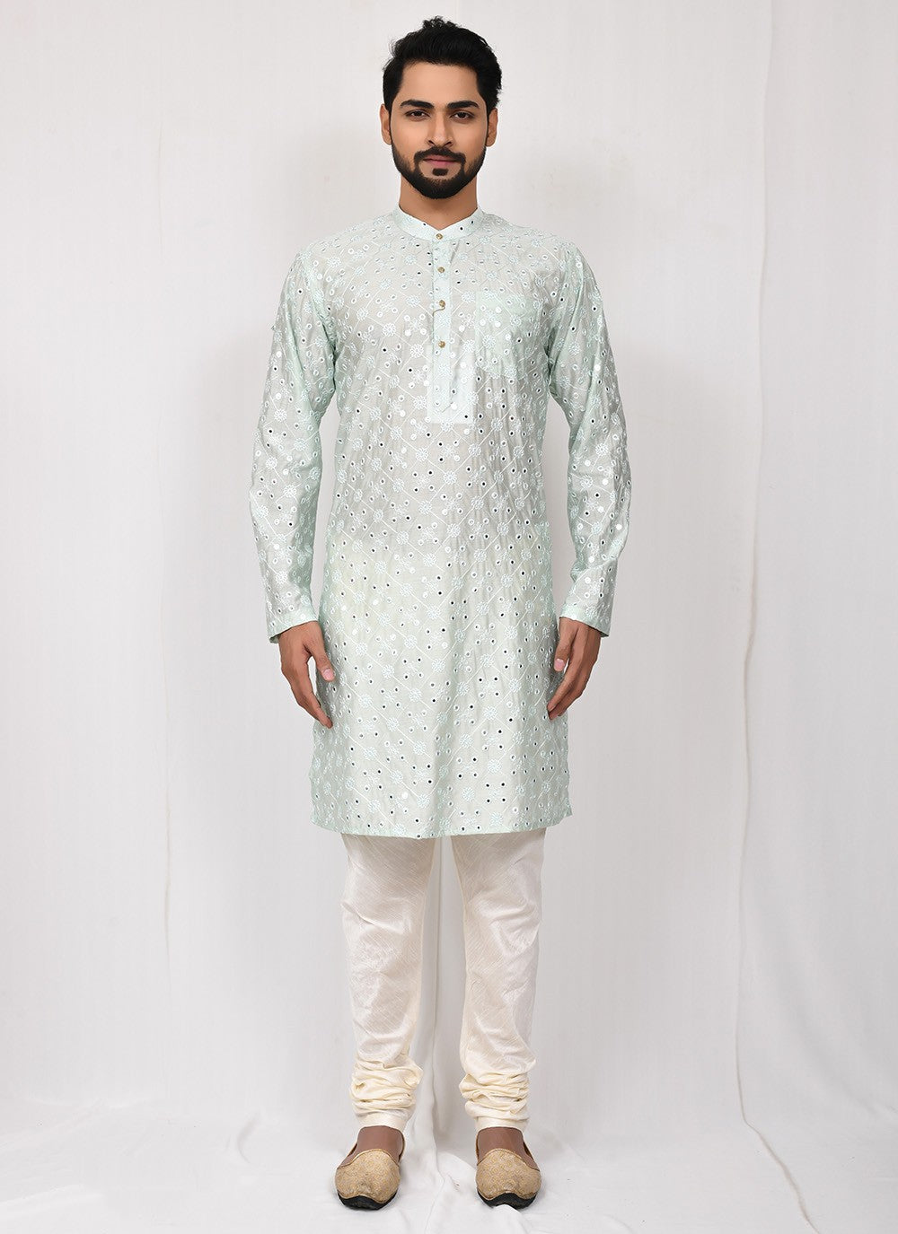 Embroidered Art Silk Sea Green Kurta Pyjama - M2512