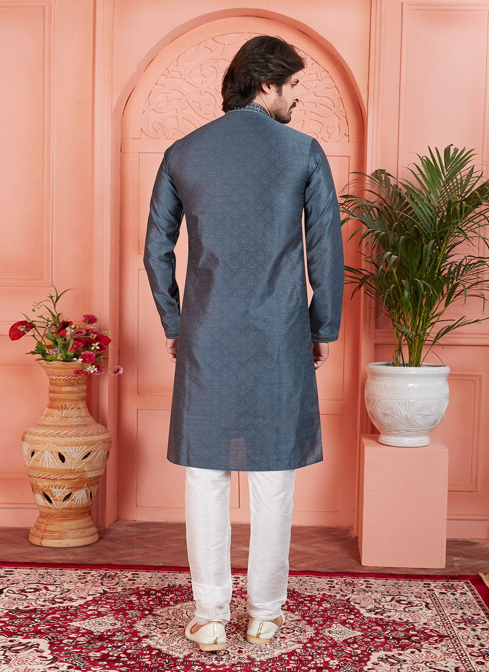 Mirror Brocade, Jacquard Silk Grey Kurta Pyjama - M7753