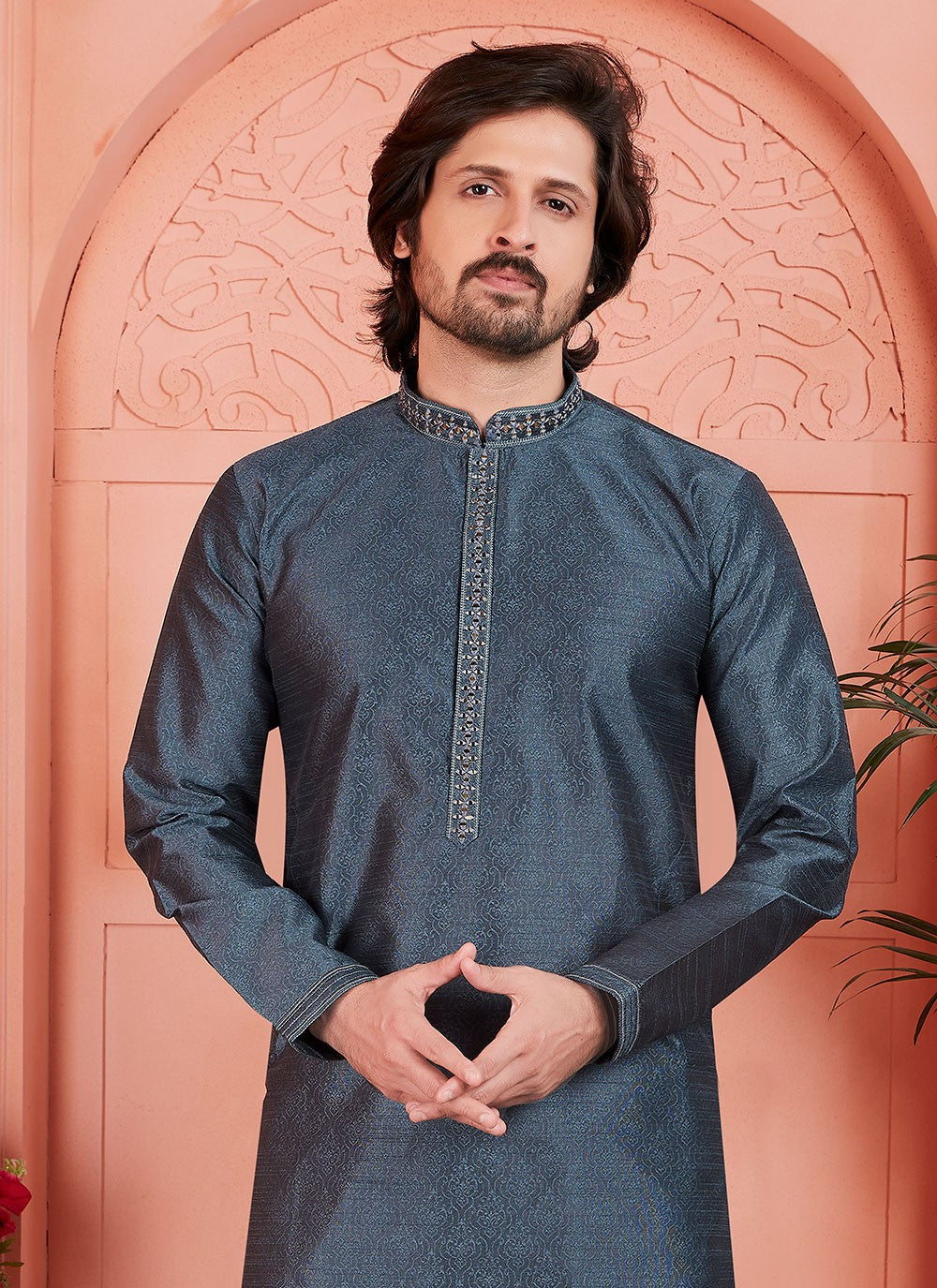 Mirror Brocade, Jacquard Silk Grey Kurta Pyjama - M7753