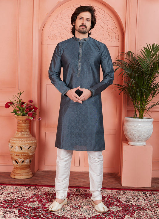 Mirror Brocade, Jacquard Silk Grey Kurta Pyjama - M7753