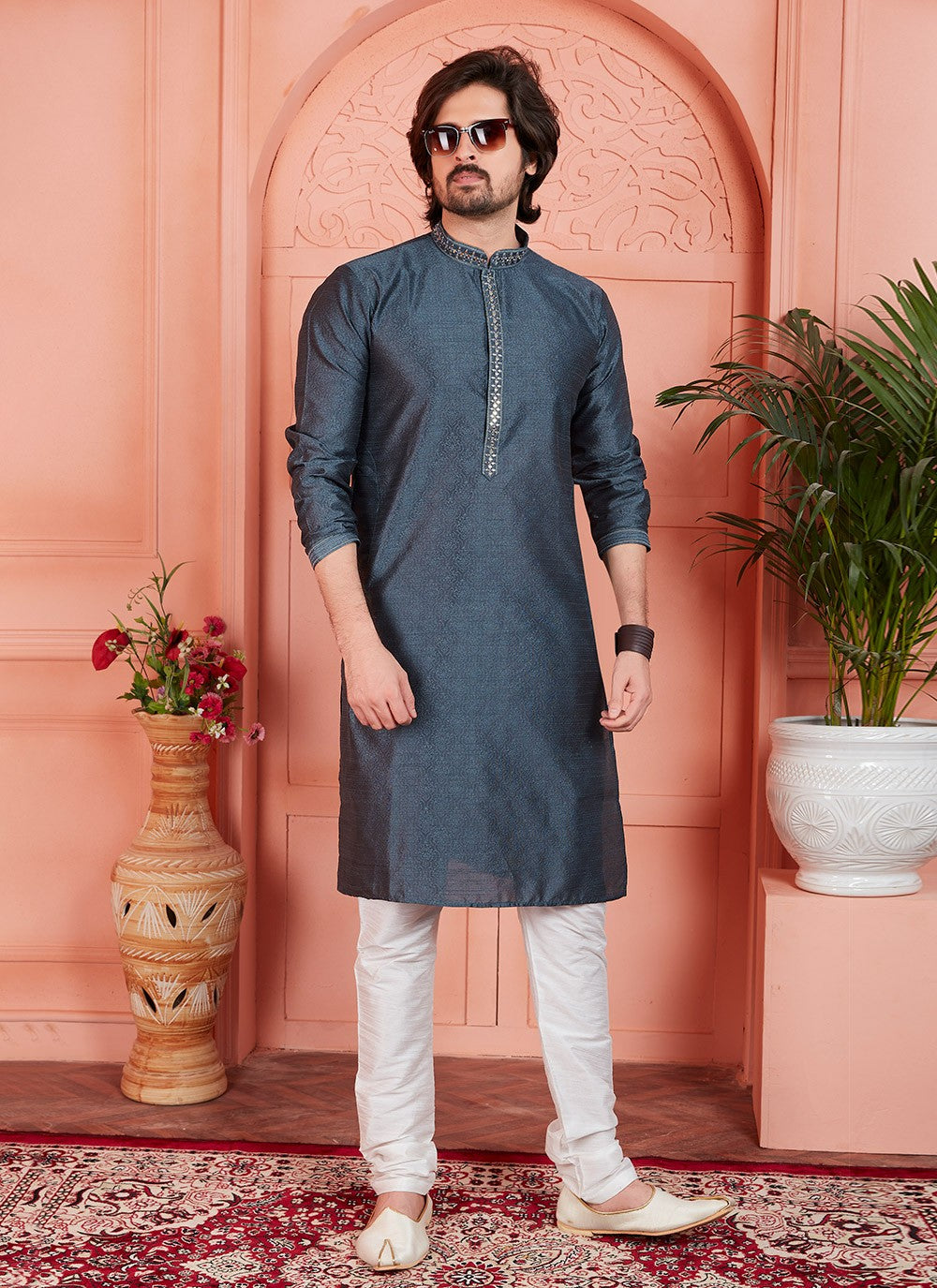 Mirror Brocade, Jacquard Silk Grey Kurta Pyjama - M7753