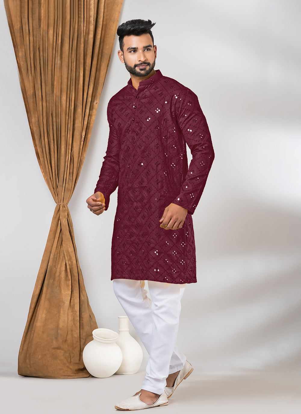 Mirror Cotton Maroon Kurta Pyjama - M7799