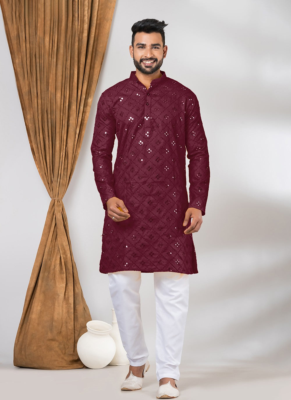 Mirror Cotton Maroon Kurta Pyjama - M7799