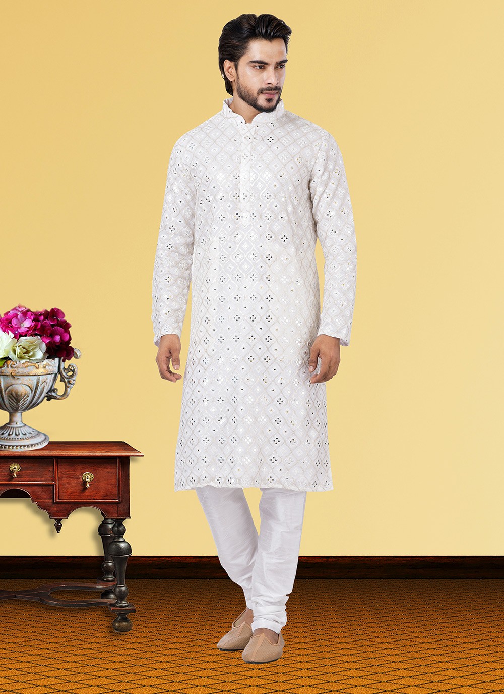 Embroidered Georgette Off White Kurta Pyjama - M3723