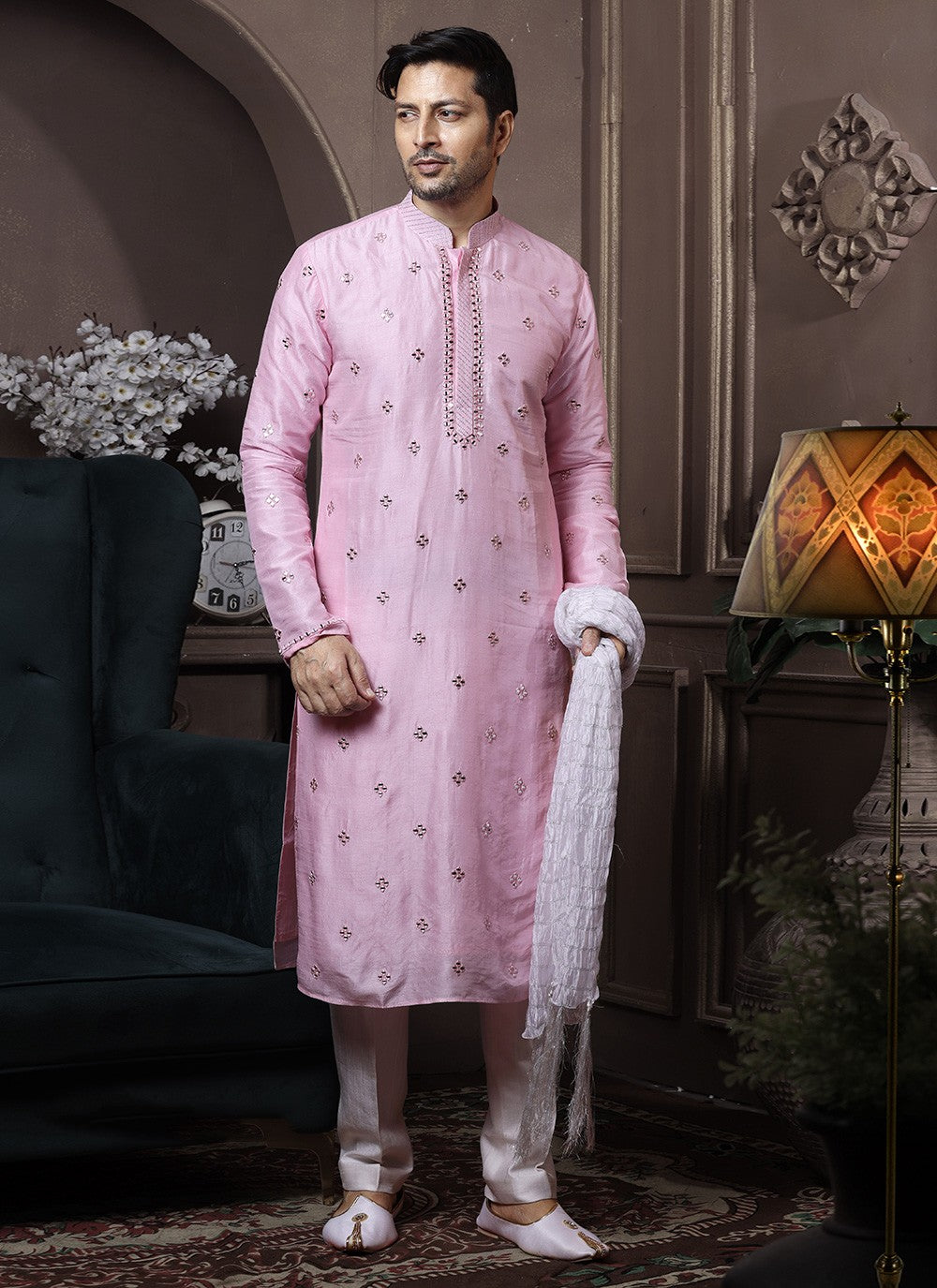 Embroidered Silk Pink Kurta Pyjama - M3633