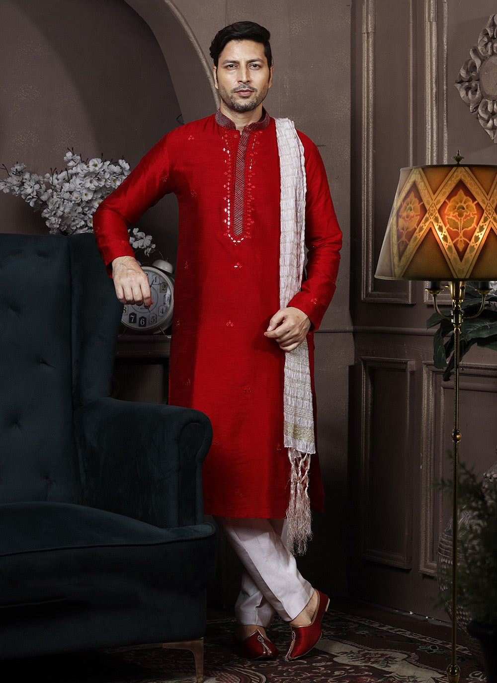 Embroidered Silk Red Kurta Pyjama - M3630