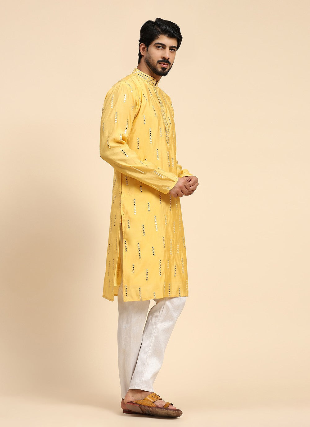 Embroidered Silk Yellow Kurta Pyjama - M8148