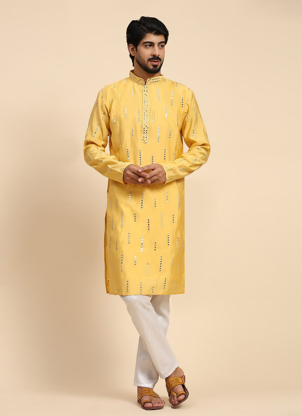 Embroidered Silk Yellow Kurta Pyjama - M8148