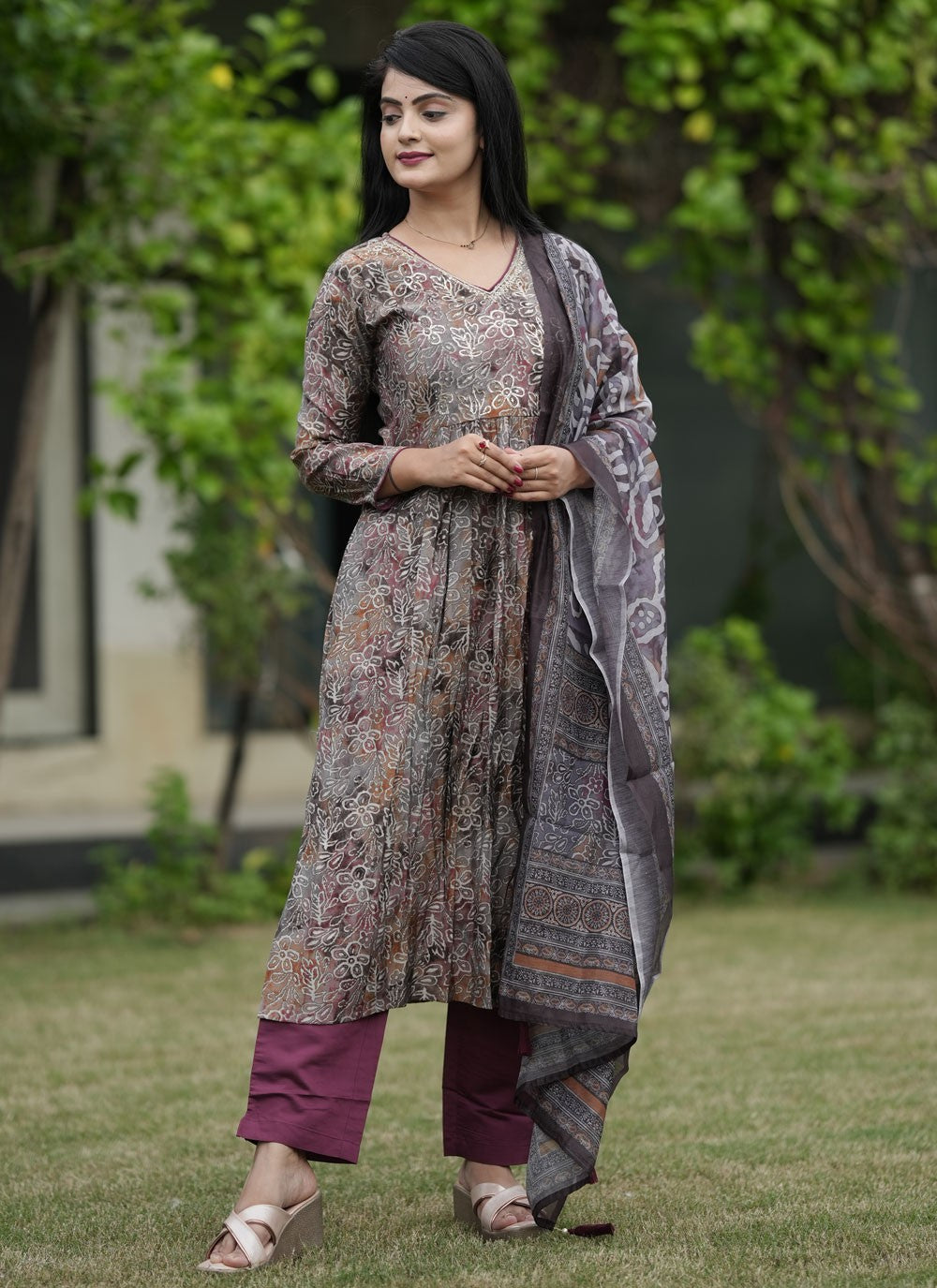 Foliage Prints Modal Pant Style Suit - T4776