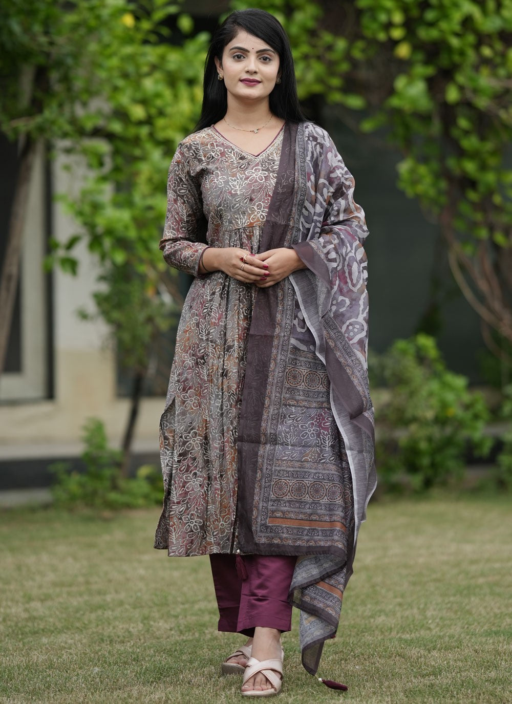 Foliage Prints Modal Pant Style Suit - T4776