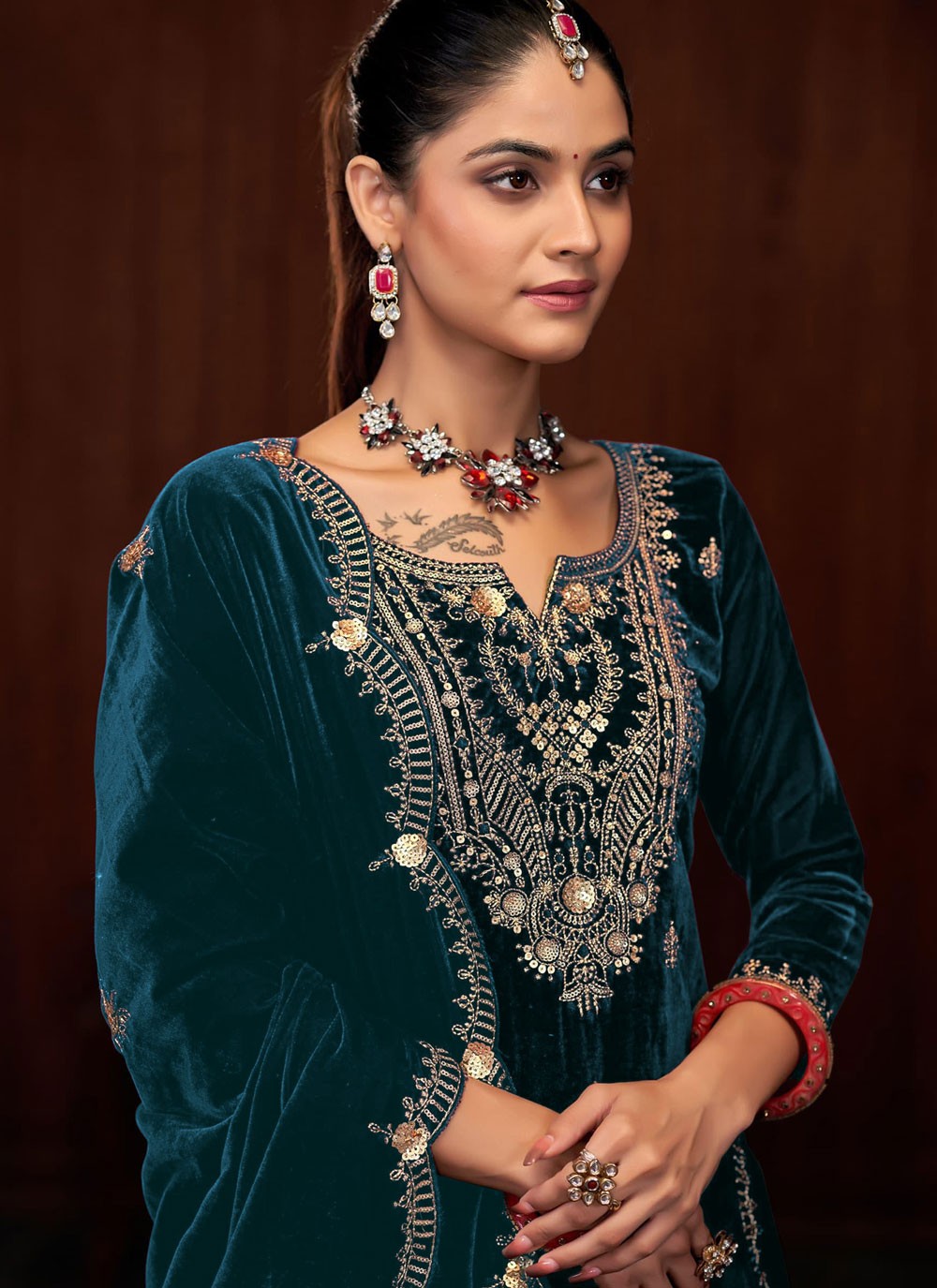 Embroidered Velvet Palazzo Suit - T4532