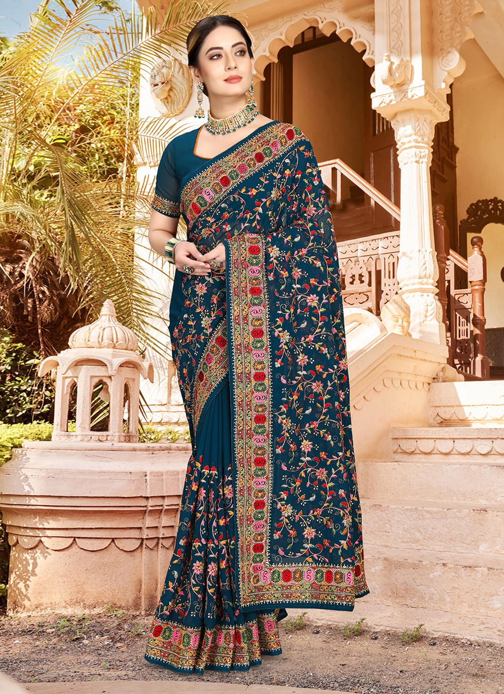 Classic Embroidered Georgette Saree - S2086