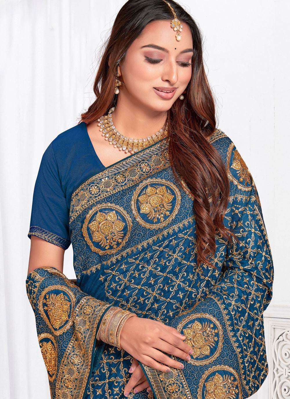 Embroidered, Zari Vichitra Silk Saree - S12102