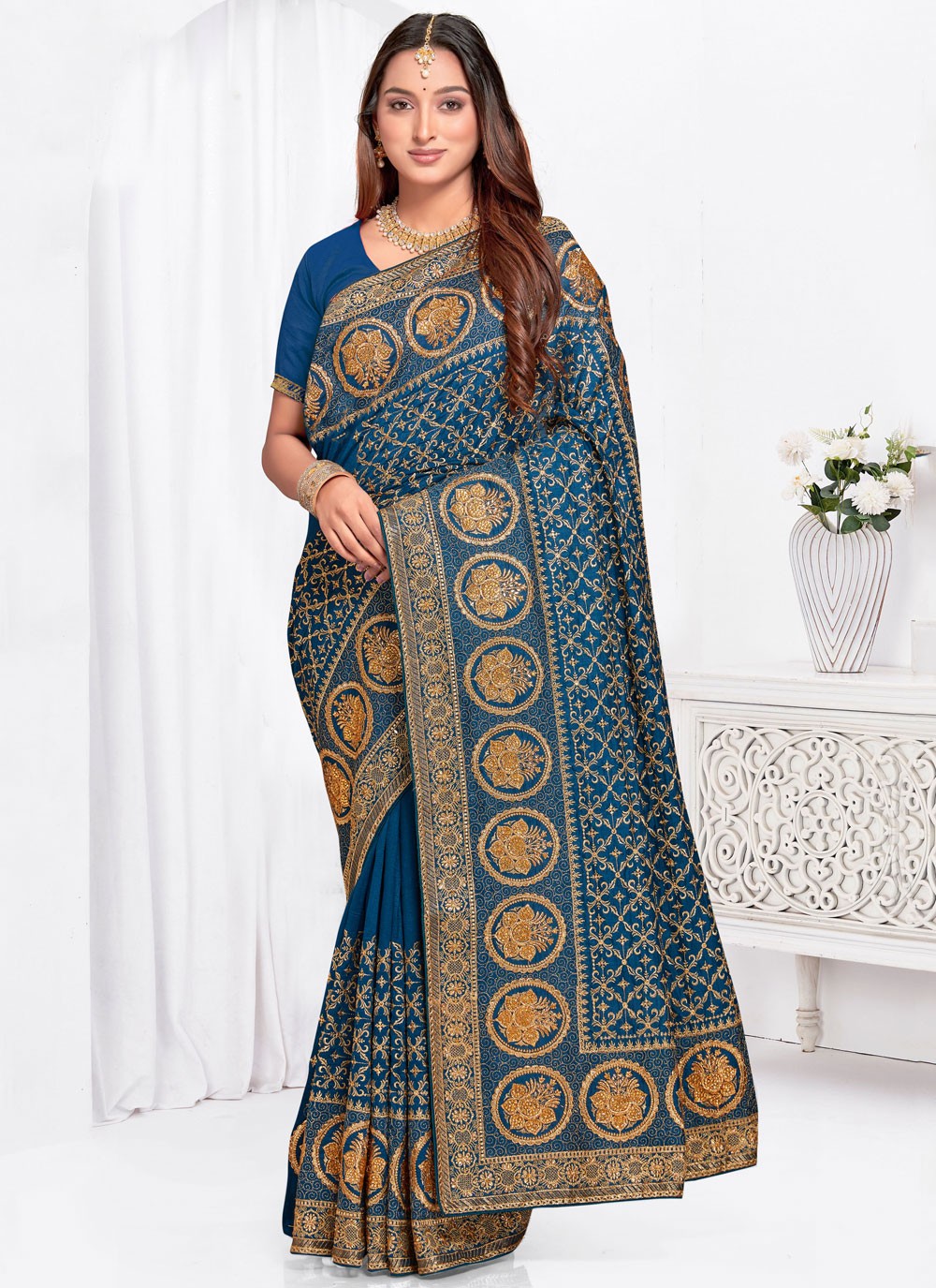 Embroidered, Zari Vichitra Silk Saree - S12102