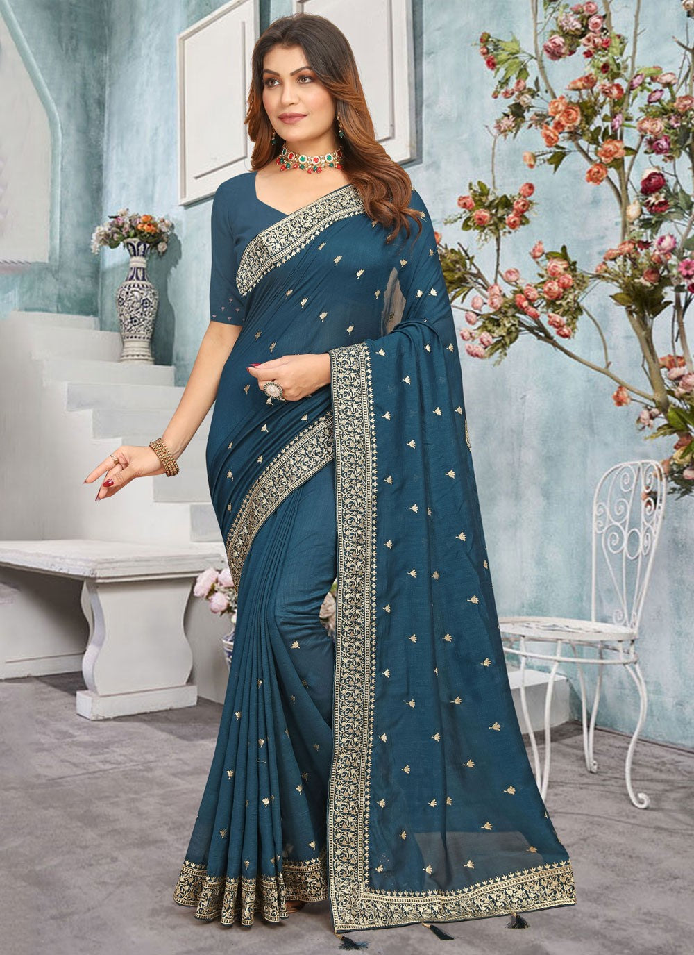 Classic Border Work Vichitra Silk Saree - S7668