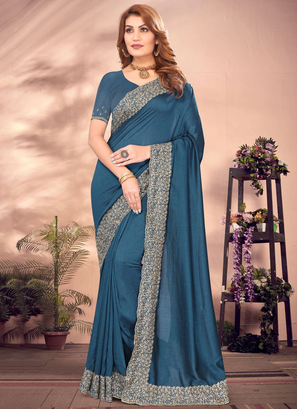 Classic Embroidered Vichitra Silk Saree - S8650