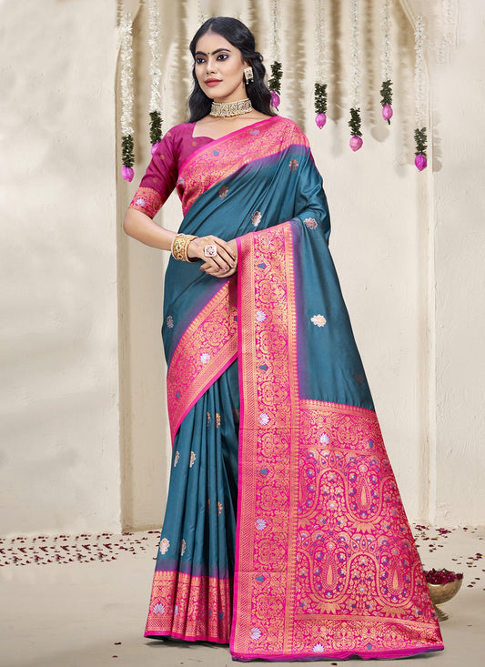 Contemporary Weaving Zari Silk Morpeach Saree - S11186