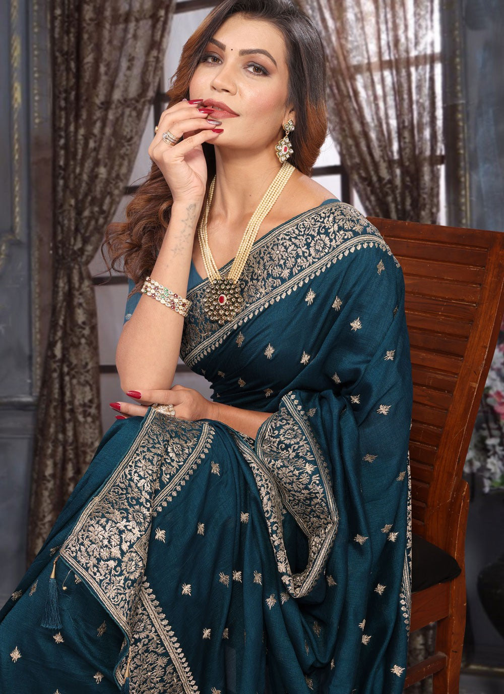 Classic Embroidered Vichitra Silk Saree - S7585